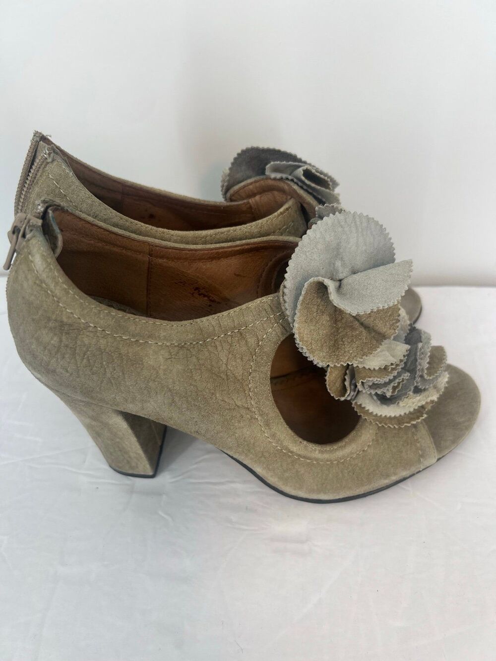Anthropologie Miss Albright
Heels Taupe Suede Peep-Toe budding Block Heel Pump